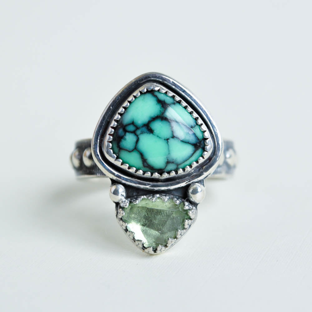 Two stone variscite and green tourmaline ring on a beaded ring band.
