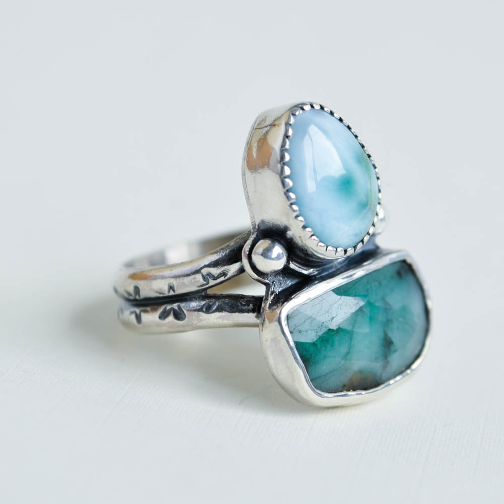 Emerald and Larimar Ring—Size 7