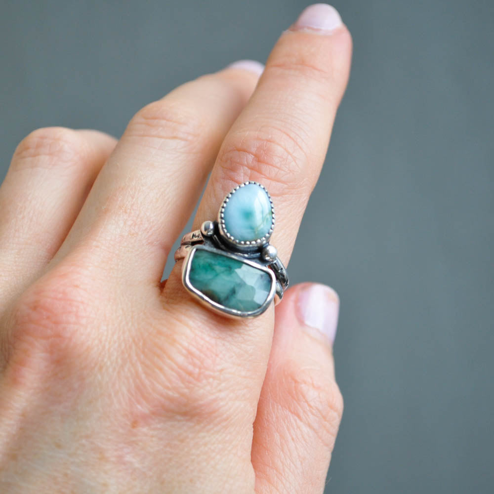 Emerald and Larimar Ring—Size 7
