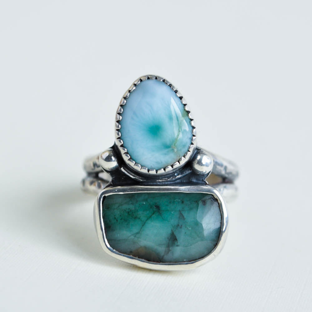 Emerald and larimar two stone statement ring set in sterling silver, on a split band.