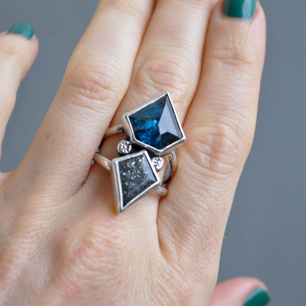 Kyanite and Sunstone Shield Ring—Size 8