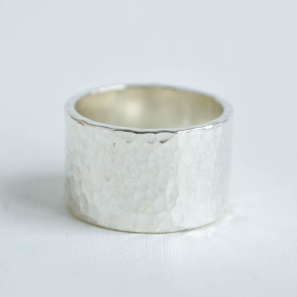 wide silver band with hammer texture