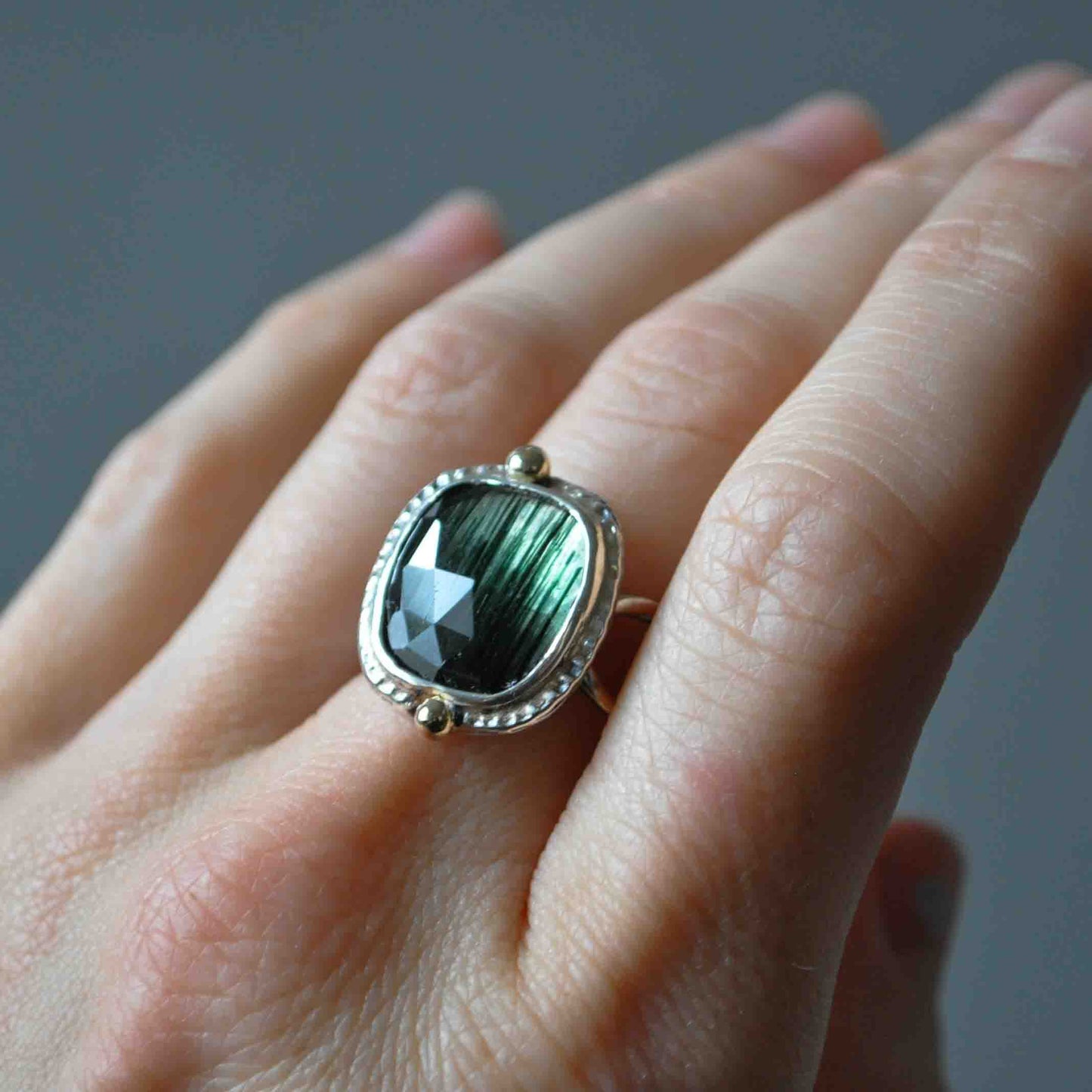 Green Rutilated Quartz Open Link Ring—Size 10