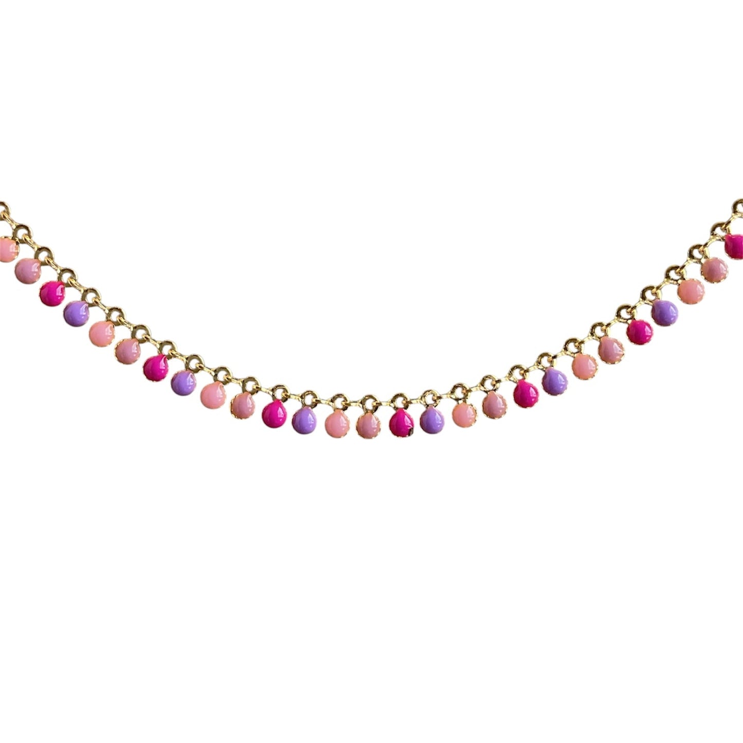 Gold plated necklace chain with enamel coin drops in pink and green.