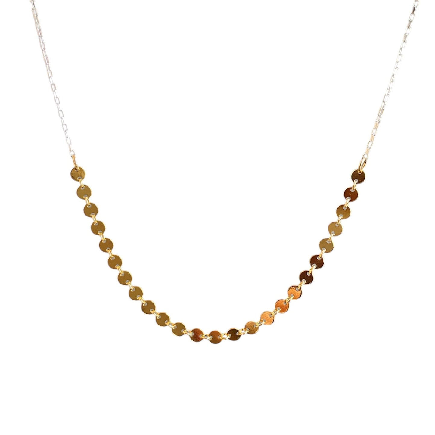 Elegant coin chain centered on a sterling silver baby paperclip chain. This mixed metals necklace is great for layering or wearing solo. <br> 17.5" long with the clasp.
