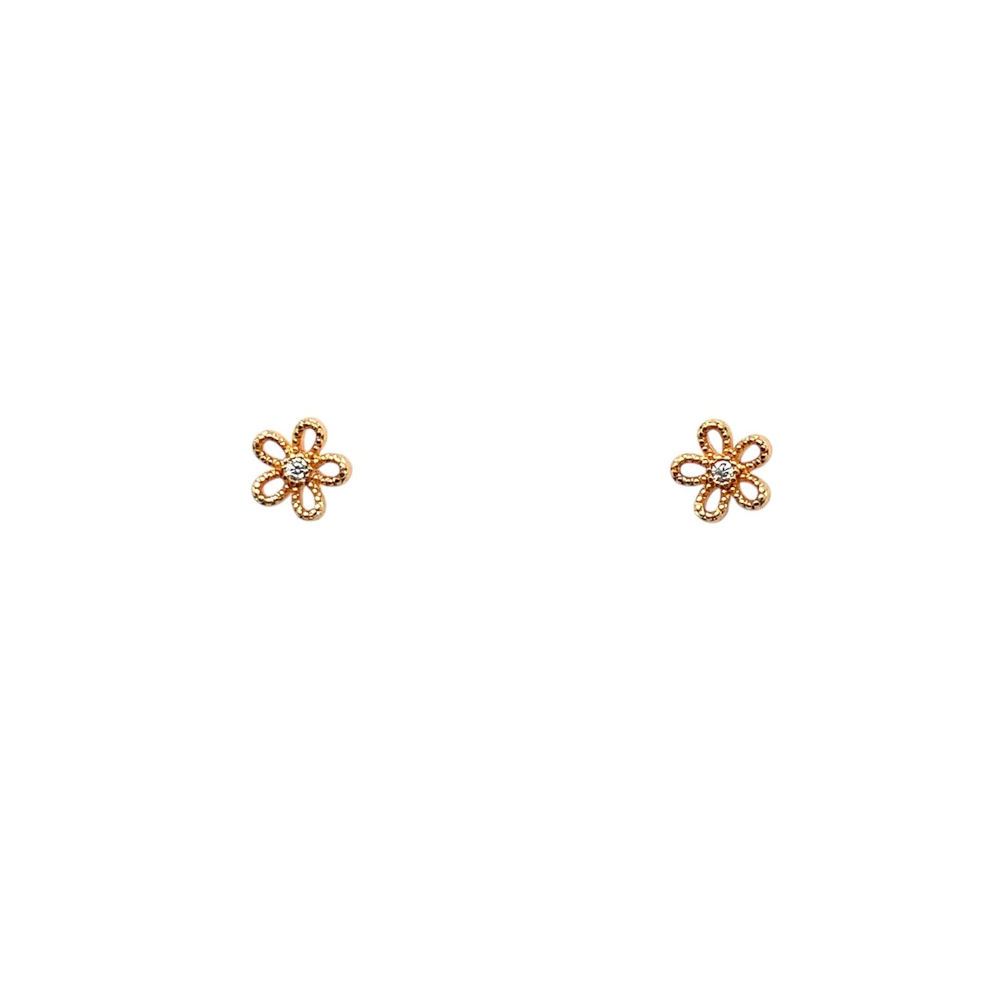 Cute little gold flower earrings with a cubic zirconia in the middle.