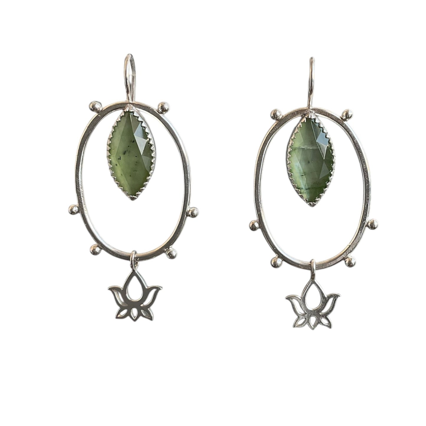 Sterling silver open oval earrings with light green prehnite marquise and pearl doublet gemtsones