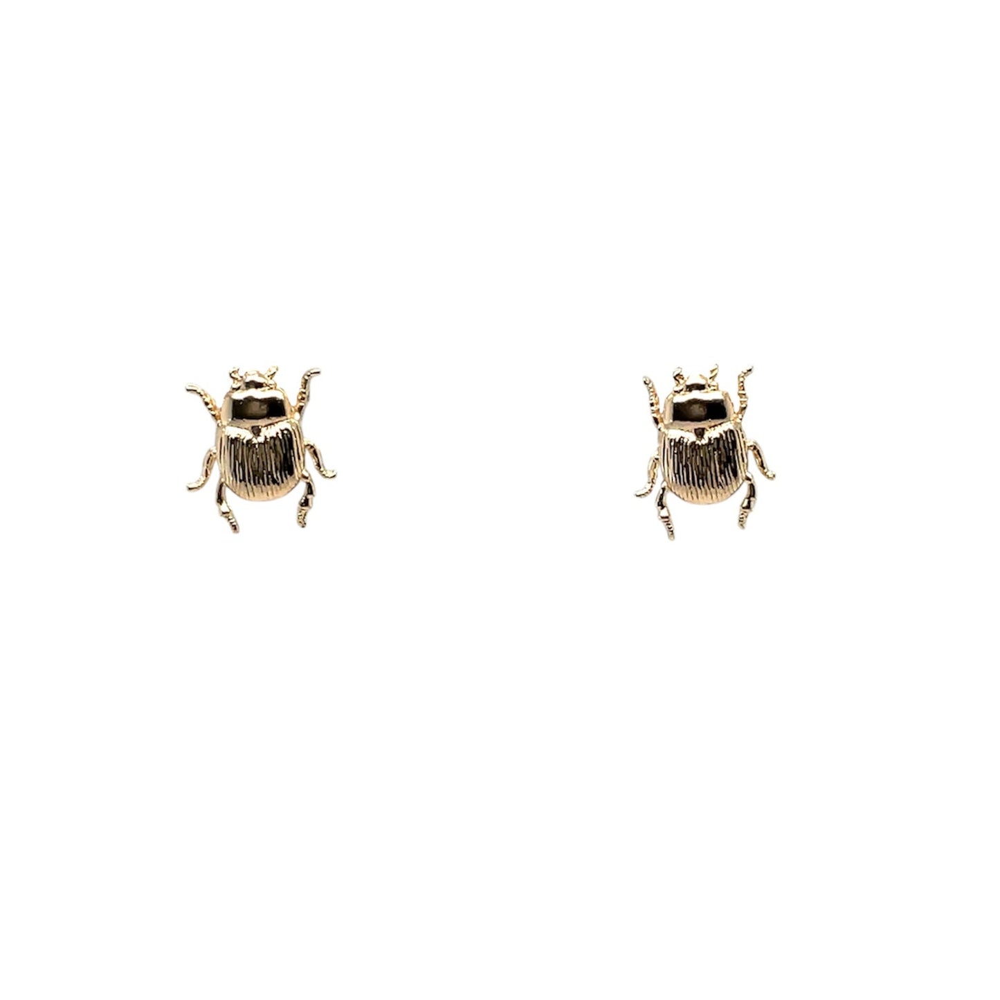 Gold scarab beetle earrings with open legs on a post.