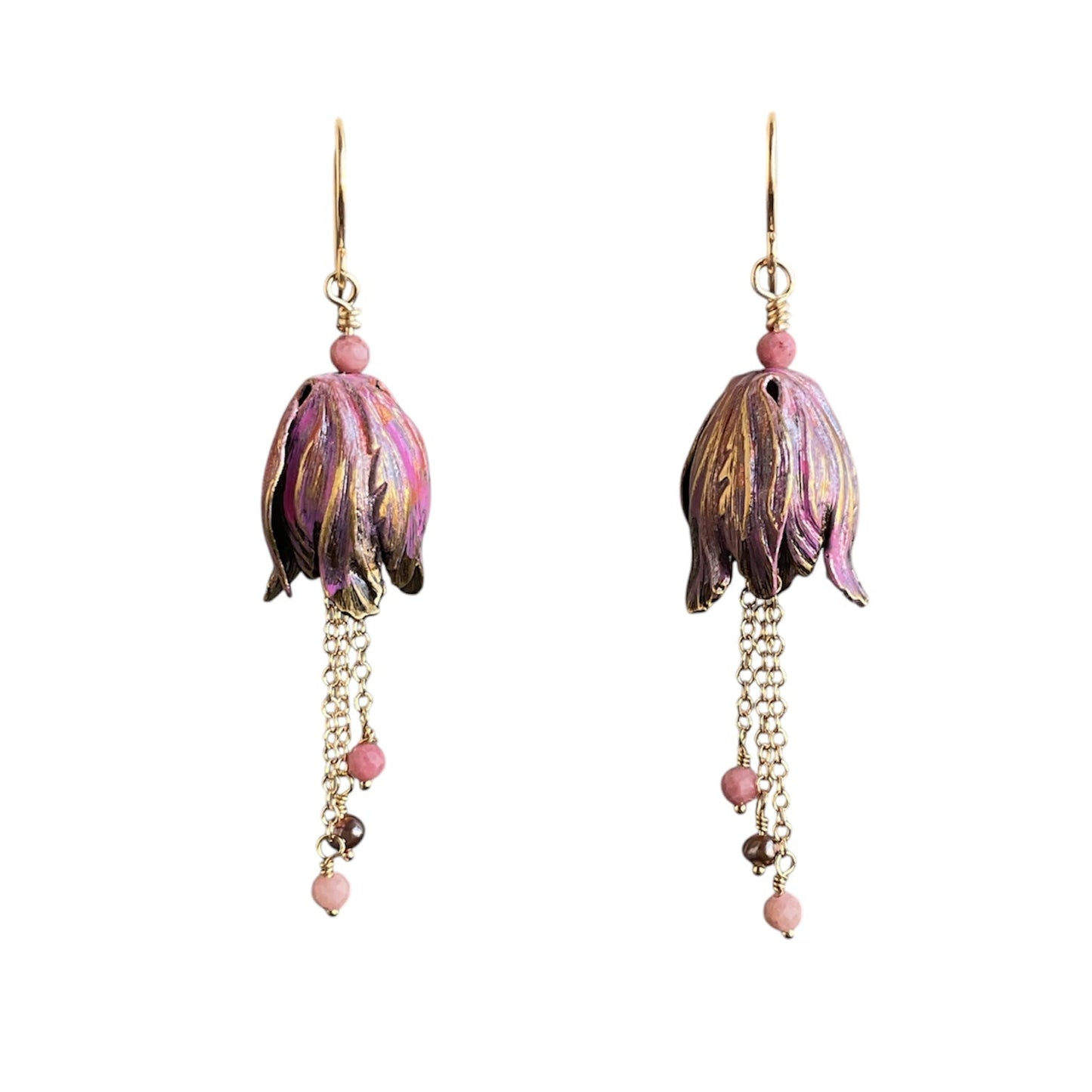Upside down tulip drop earrings with chain and gemstone beads