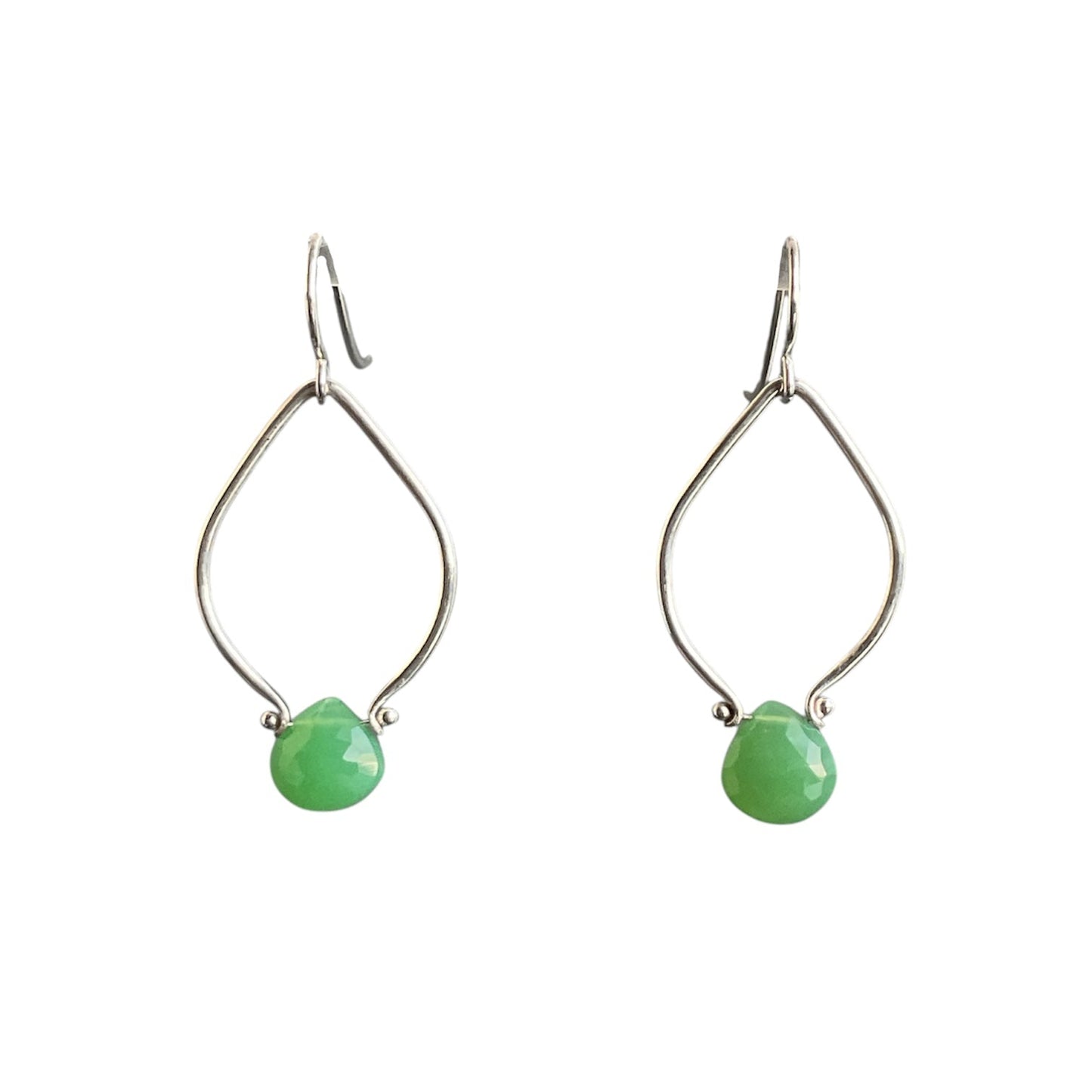 A set of sparkly swarovski crystal or gemstone briolette drops pinned under a sterling silver open wire frame, all on a silver fish hook ear wire