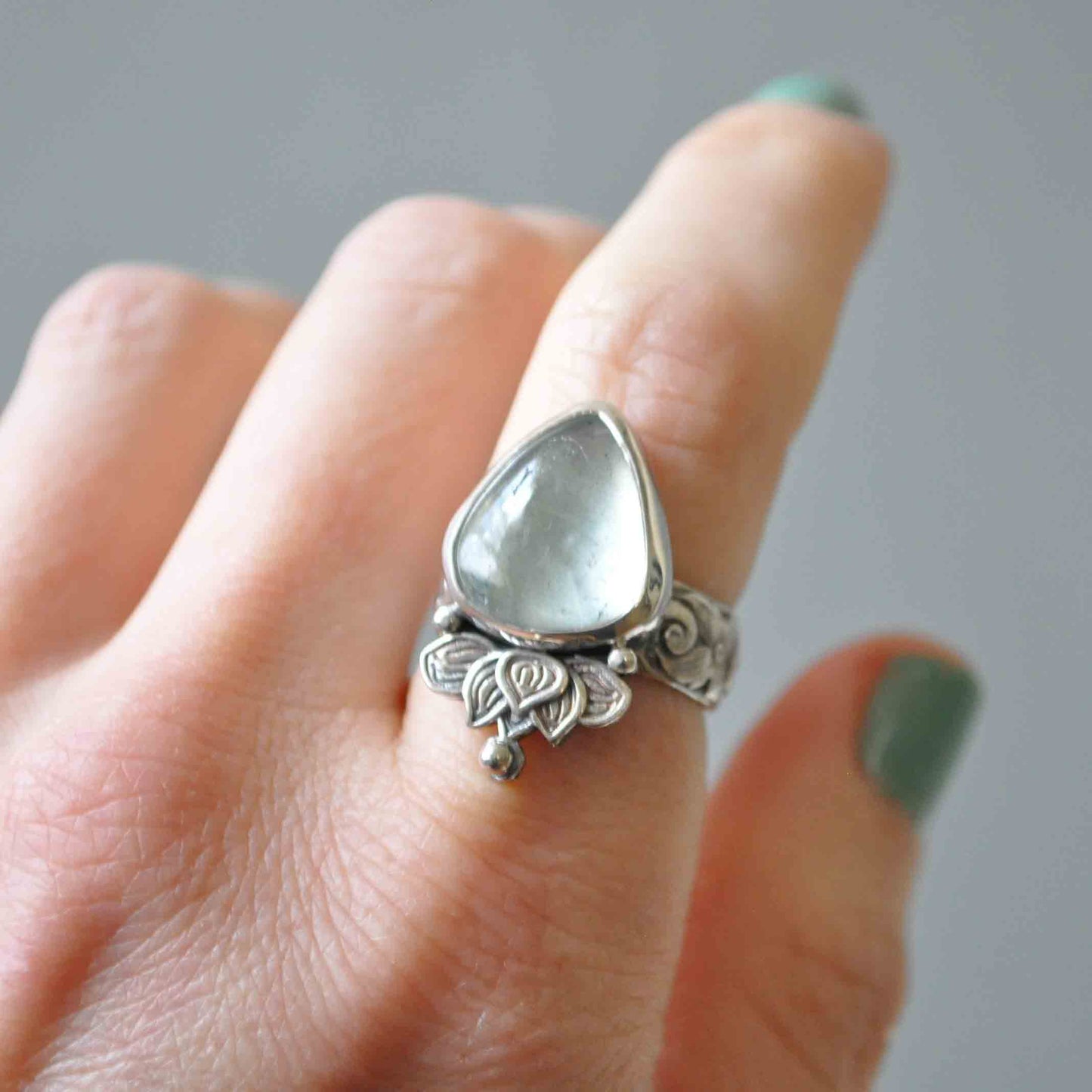 Aquamarine Lotus Ring—Size 6.5