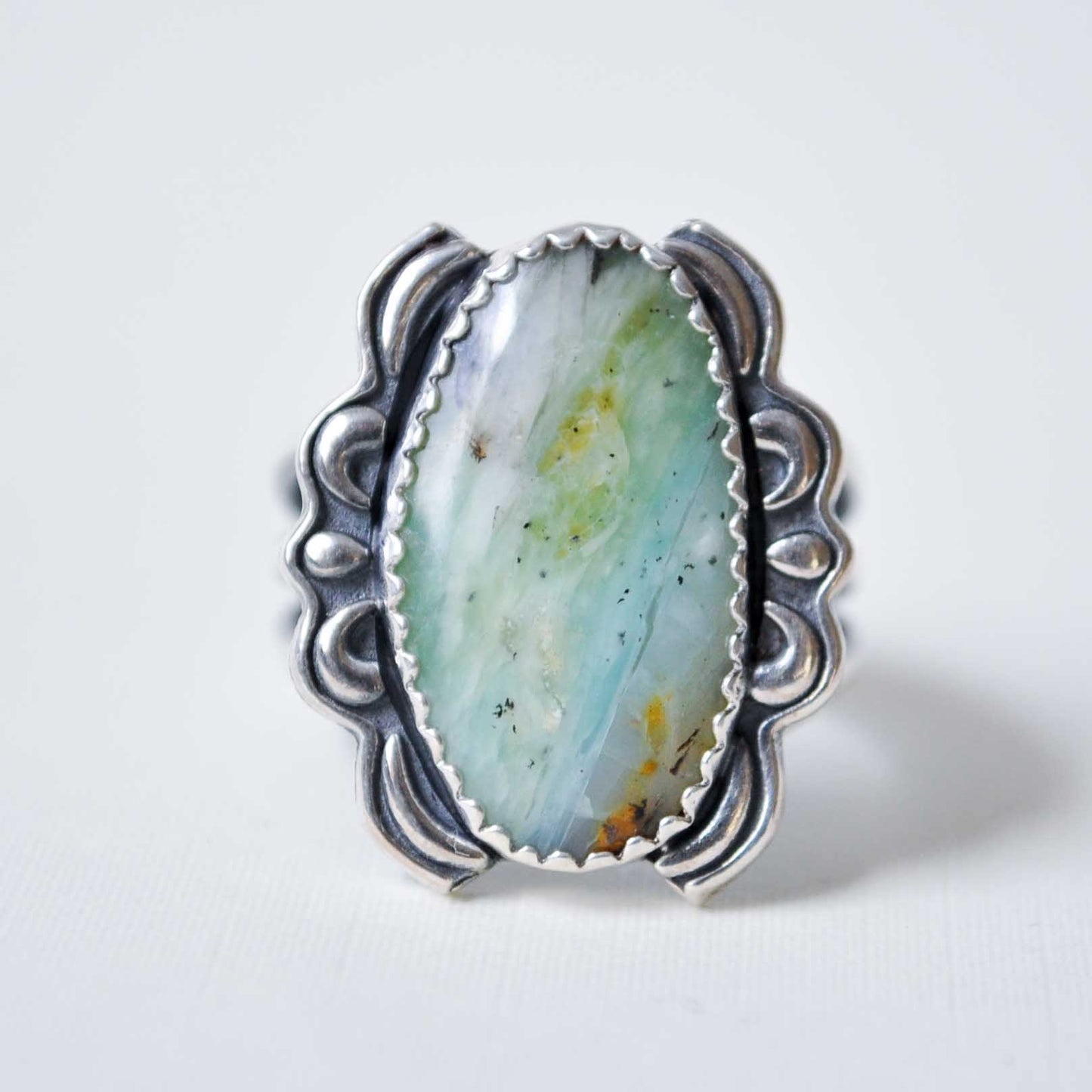 Peruvian Opal Scroll Ring—Size 7