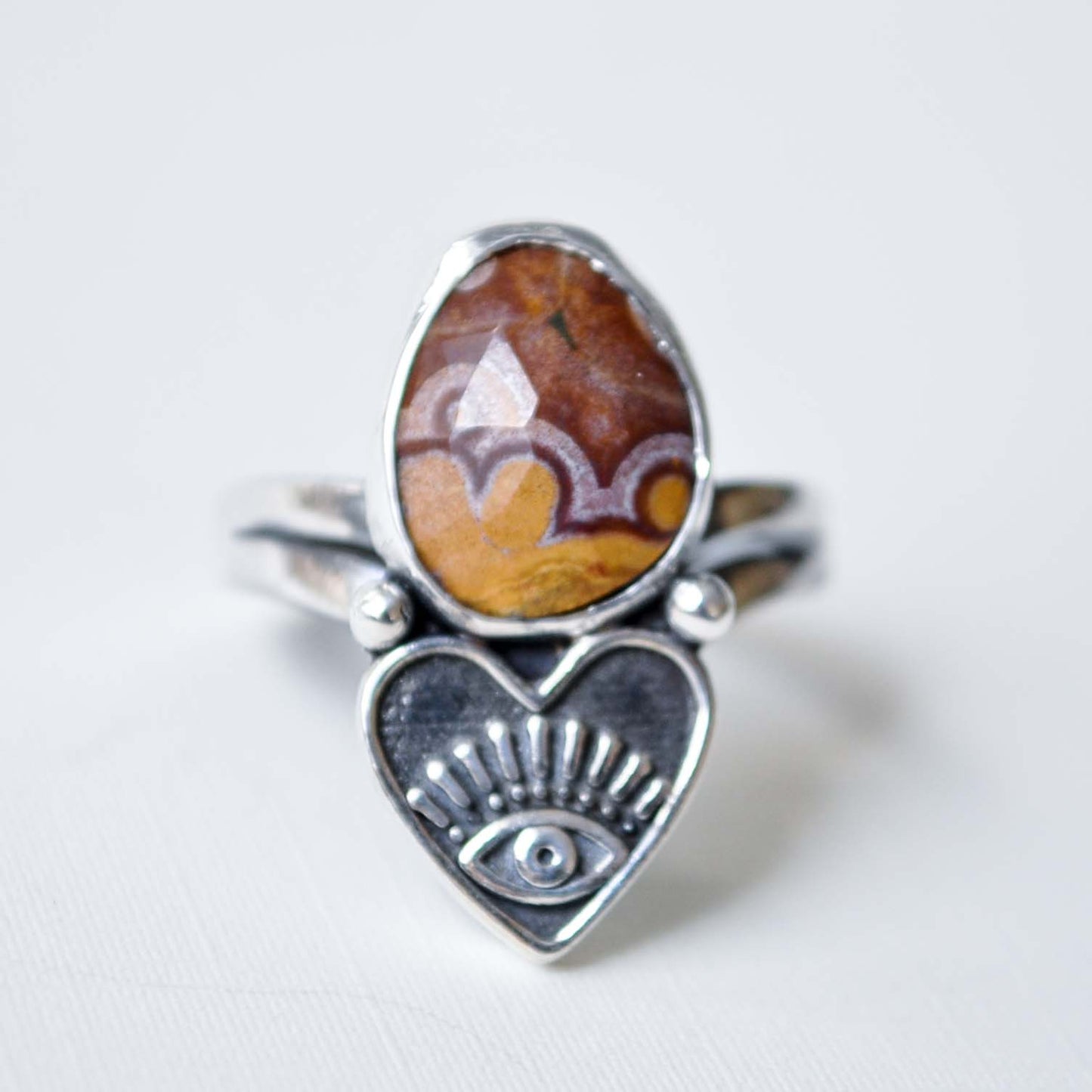 Ocean Jasper Heart Eye Ring—Size 6.5
