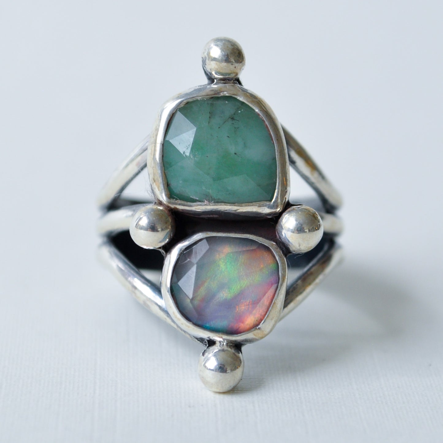 Aurora Opal and Emerald Ring—Size 8
