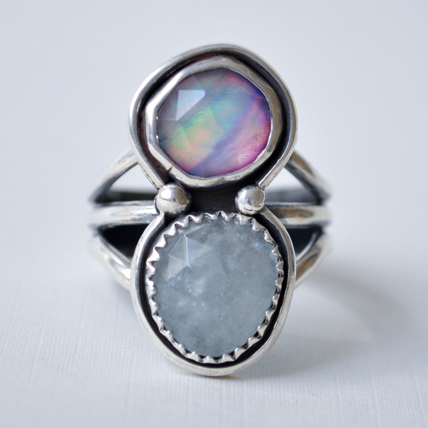 Aurora Opal and Aquamarine Ring—Size 8.5
