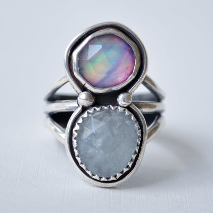 Aurora Opal and Aquamarine Ring—Size 8.5