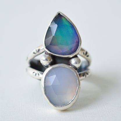 Aurora Opal and Chalcedony Ring—Size 7