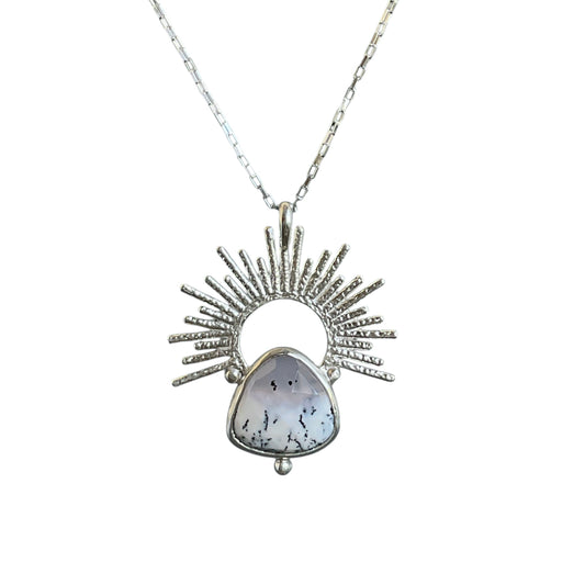Snowy scenic dendritic opal gemstone set with a sterling silver sunrise halo