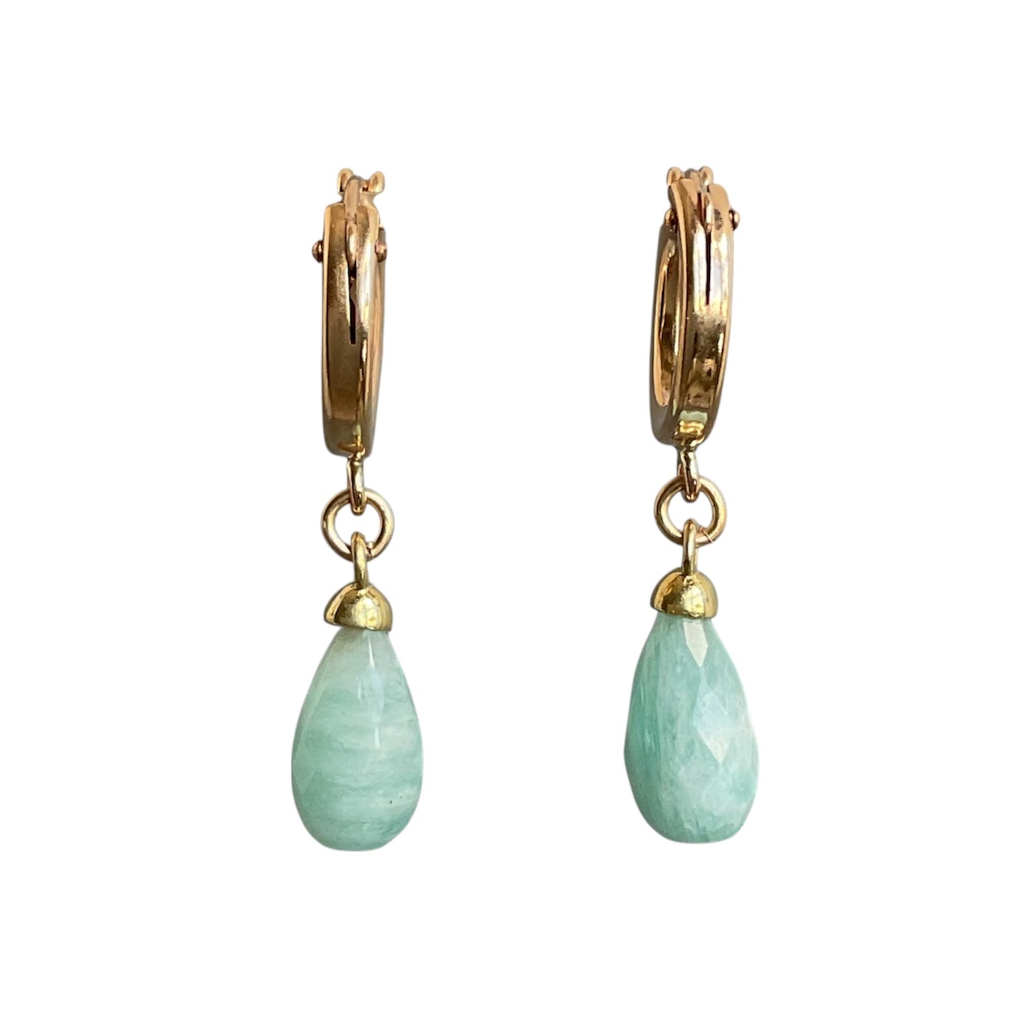 Gold hoop earrings with light blue teardrop-shaped gemstones on a white background