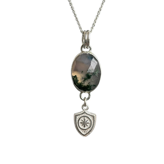 Moss Quartz Shield Drop Necklace