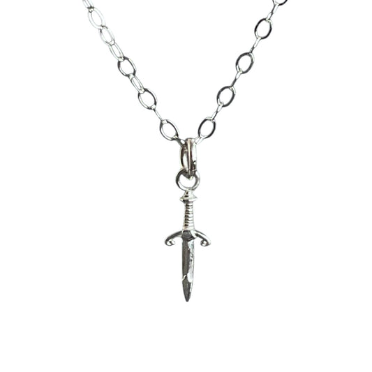 Silver sword pendant necklace on a white background