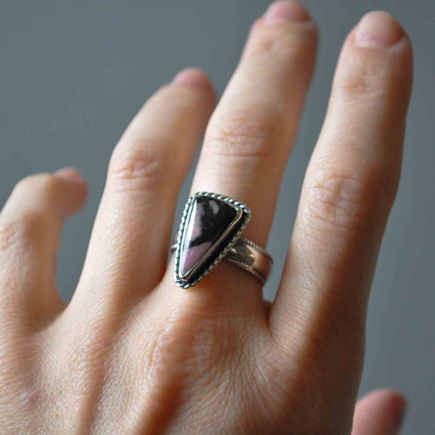 Rhodonite Triangle Ring—Size 8