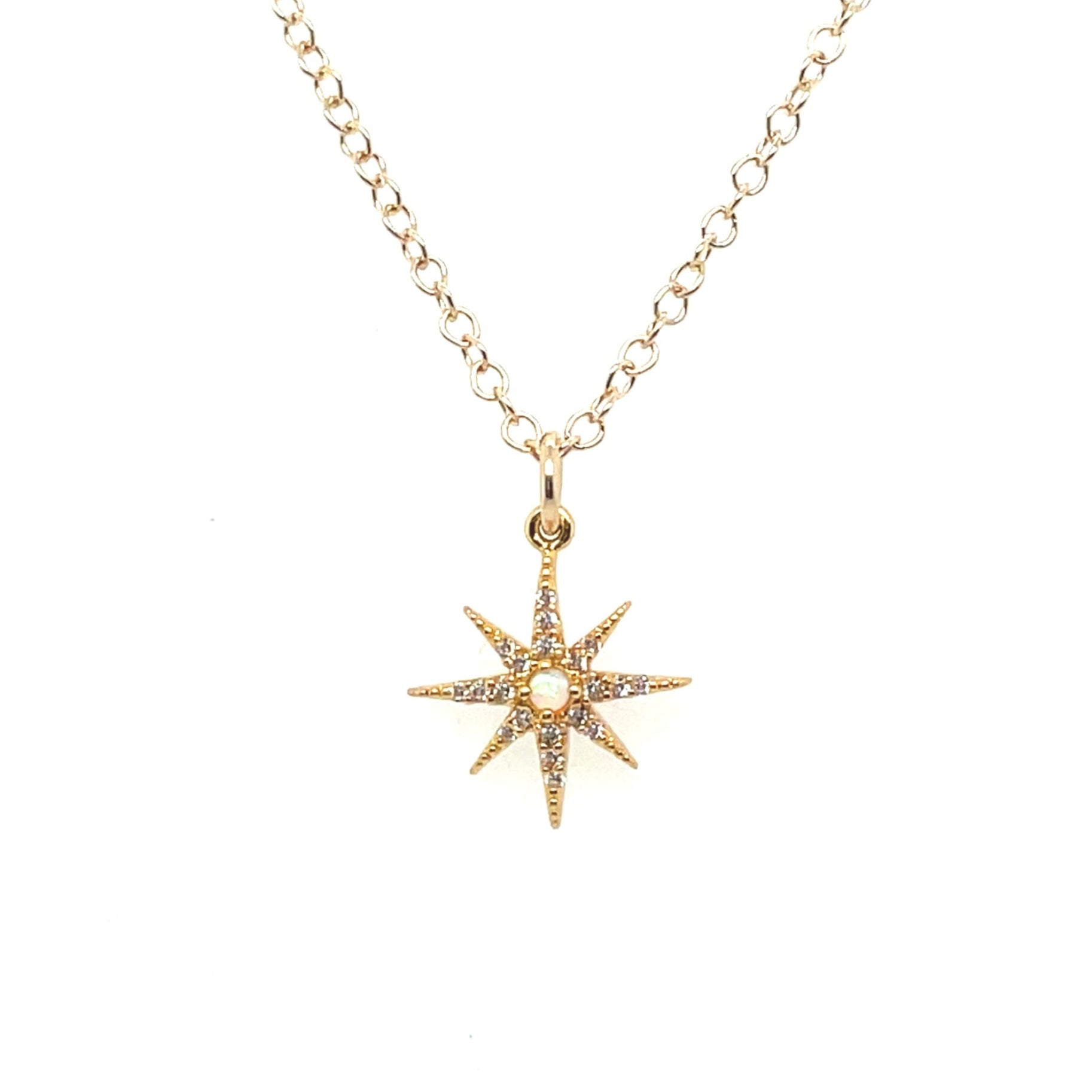 Beautiful opal star necklace with pave set cubic zirconia stones on a 14k gold-filled chain.