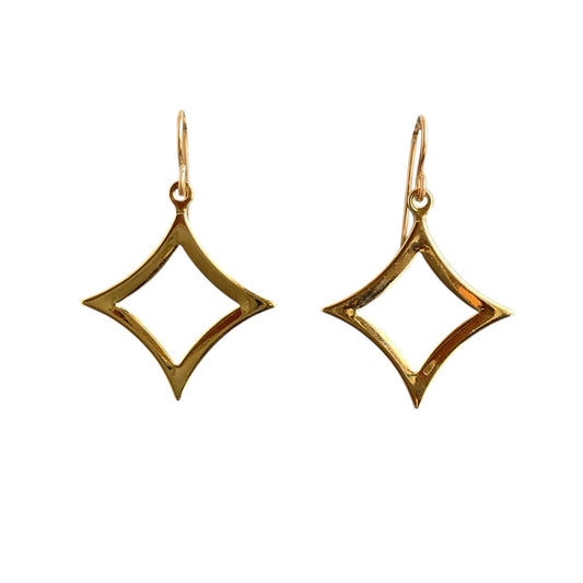 Gold 4 point star gleam drop earrings on 14k gold filled ear wires.