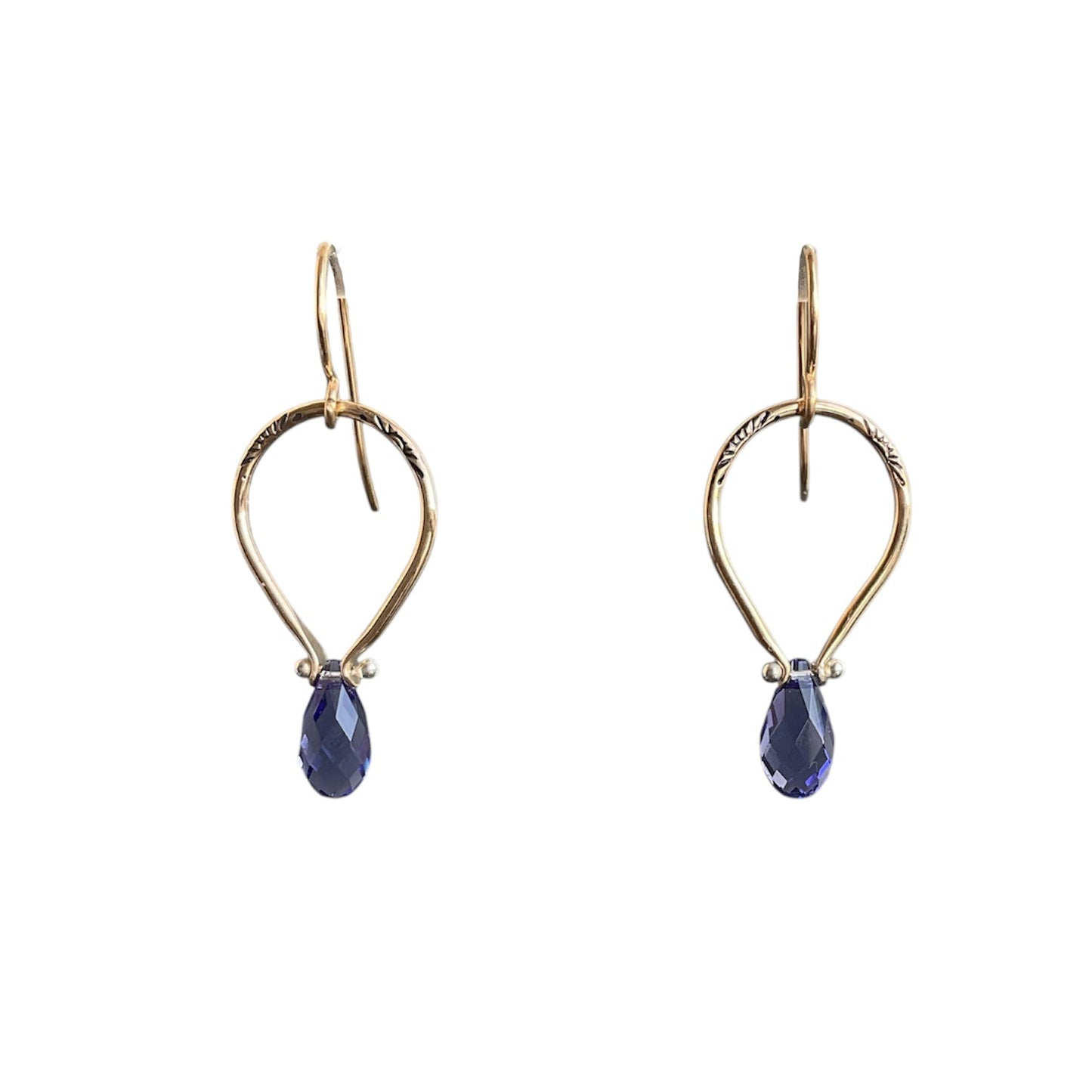 A set of sparkly swarovski crystal or gemstone briolette drops pinned under a 14k gold filled open wire frame, all on a gold hook ear wire
