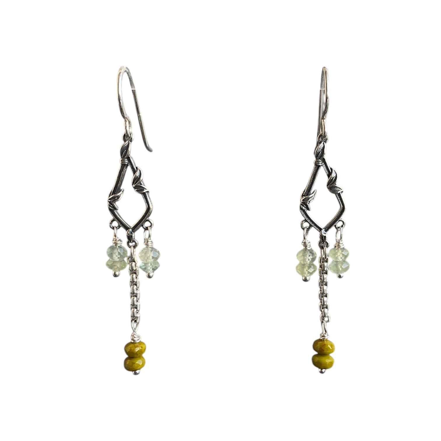 Sterling silver flower elements with various bead drops, all on sterling silver dangle ear wires. 