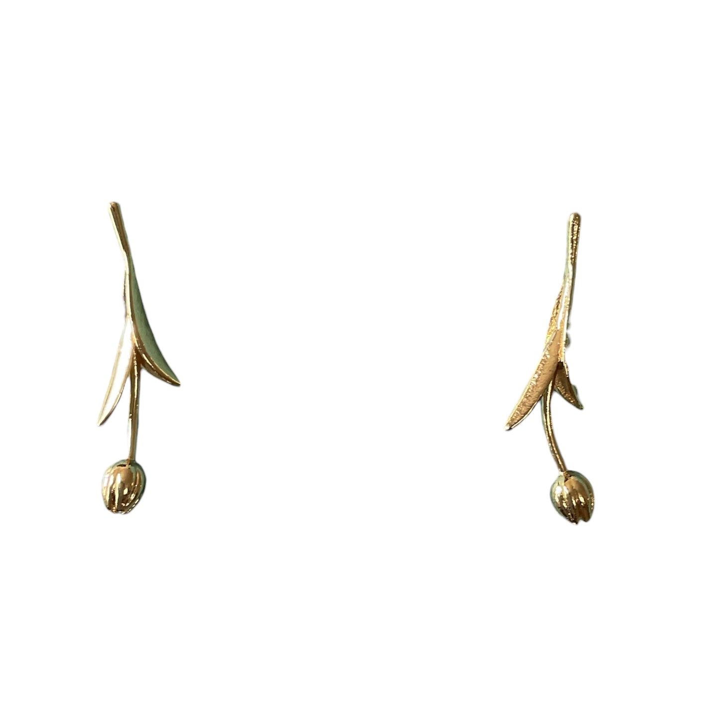 Gold tulip-shaped earrings on a white background