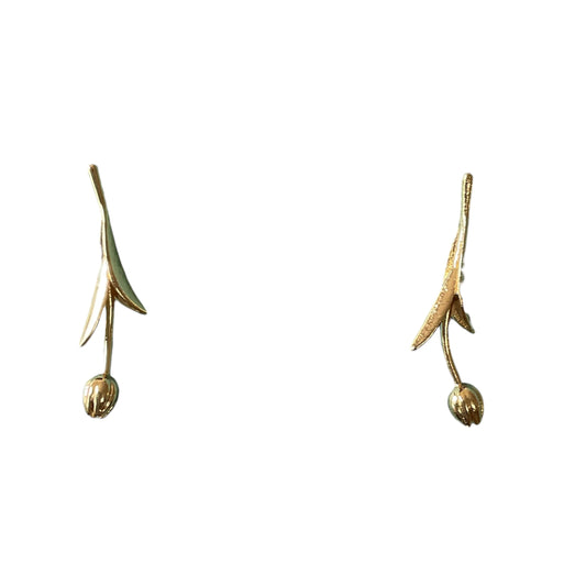 Gold tulip-shaped earrings on a white background